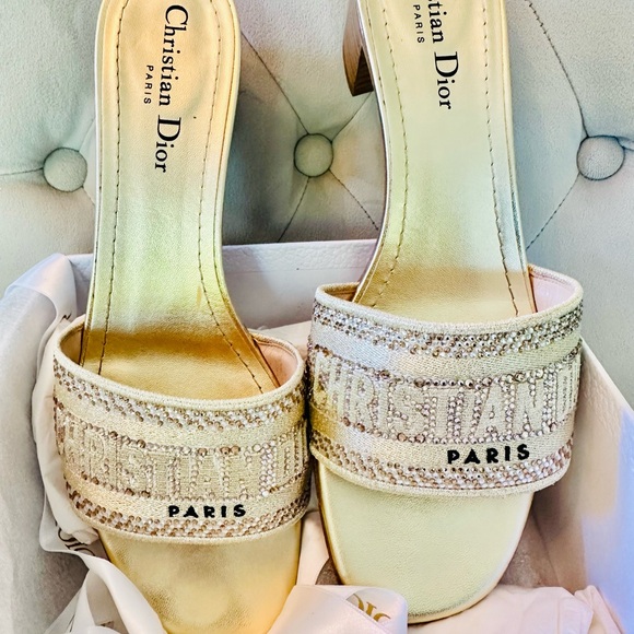 DIOR Dway Heeled SlideGold-Tone with Metallic Thread Strass 62k gold siz… - Picture 13 of 14